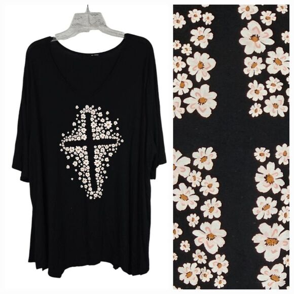 Women's 4XL Black Floral Cross Knit Tee Lightweight Casual Top Easter Spring - Picture 1 of 8